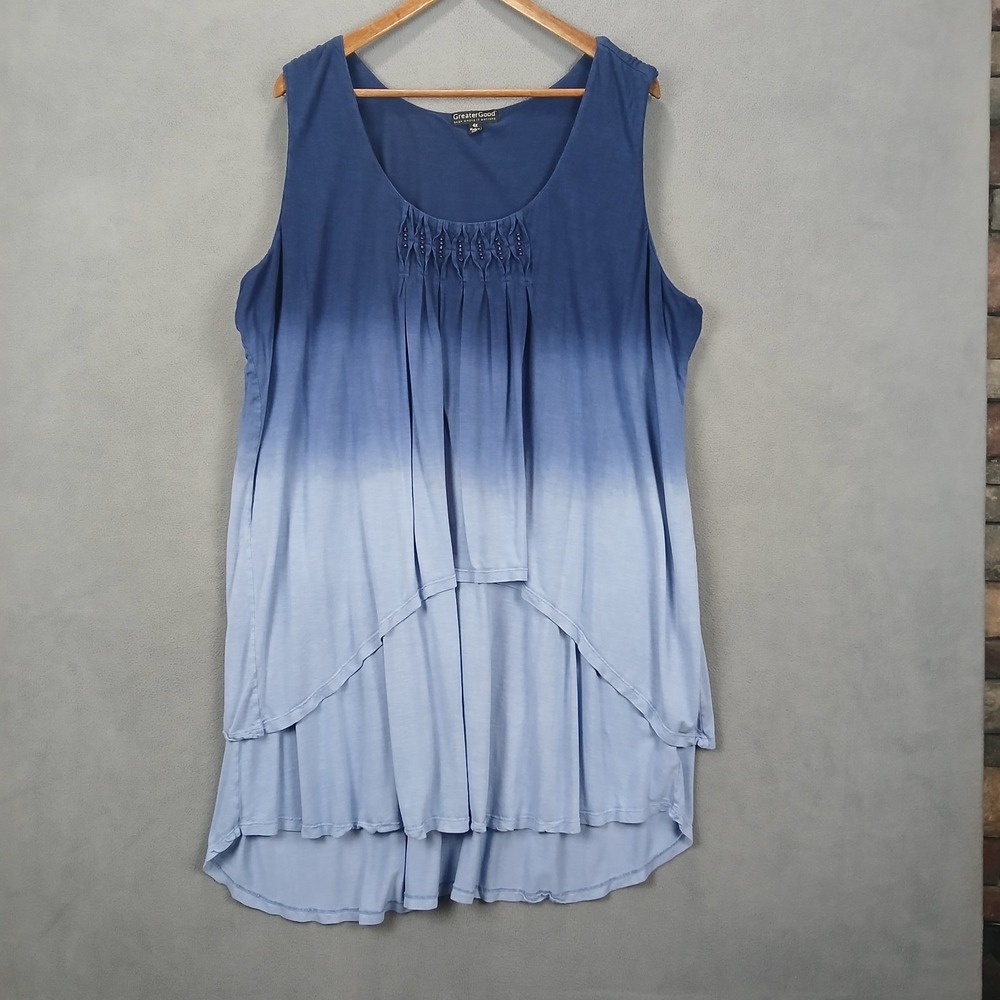 GreaterGood Tunic Top Womens 4X Blue Stella Ombre Pleated‎ Embellished Beaded